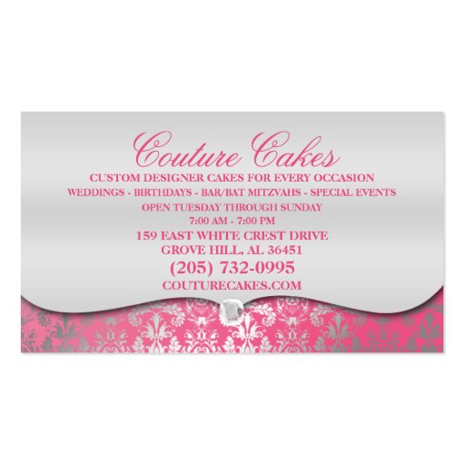 Berry Pink Cake Couture Glitzy Damask Cake Bakery Business Card Template (back side)