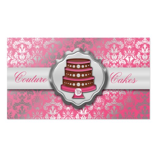 Berry Pink Cake Couture Glitzy Damask Cake Bakery Business Card Template