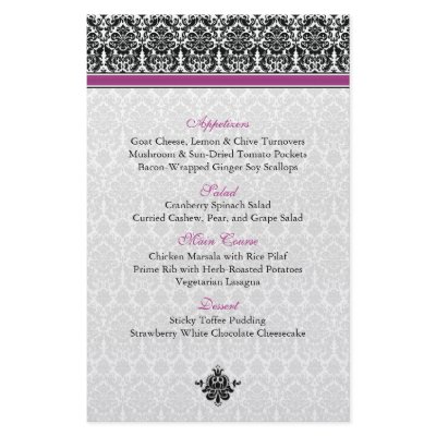 Berry Purple, Black, White Damask Menu Card Full Color Flyer by wasootch