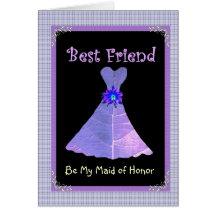 BEST FRIEND - Maid of Honor Purple Gown Plaid Trim Greeting Cards