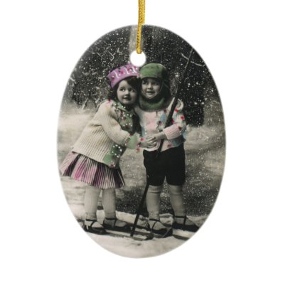 Best Friends, Children on Skis on Christmas Day Ornament