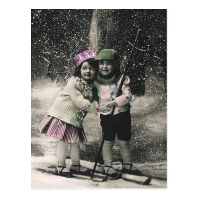 Best Friends, Children on Skis on Christmas Day Post Cards