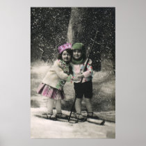 Best Friends, Children on Skis on Christmas Day Print