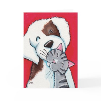 Best Friends - Cute Whimsical Tabby Cat & Dog Art greeting card