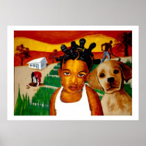 african-american, black, little-girl, bantu-knots, doggy, pet, friends, farm, country, sunsets, pretty, big-eyes, children, Poster with custom graphic design
