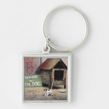 Beware of dog sign with small dog key chain