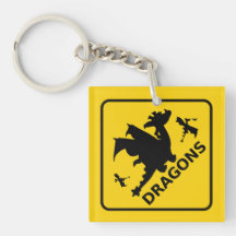 Beware of Dragons Warning Sign Square Acrylic Keychains