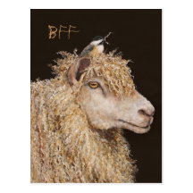 BFF postcard with sheep and chickadee