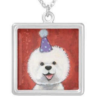 Bichon Frise in a Party Hat | Dog Art Pendant necklace