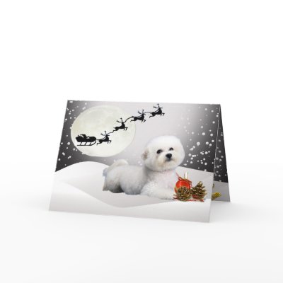 Bichon laying in snow with Santa Over Head Greeting Card by friskybiz