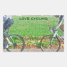 Bicycle Art, 2 Cyclists and Green Background Rectangle Sticker