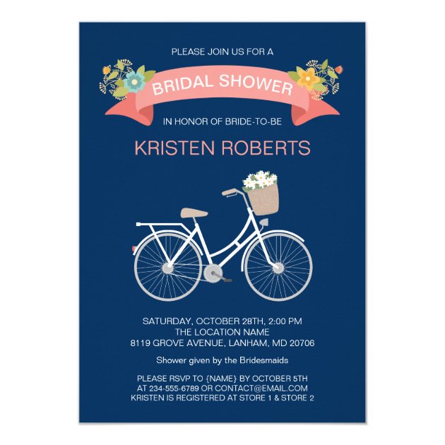 Bicycle Bridal Shower Navy Blue Coral Pink Floral Card (front side)