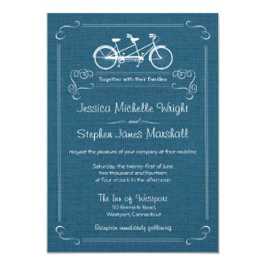 Bicycle for Two Blue Burlap Wedding Invitations