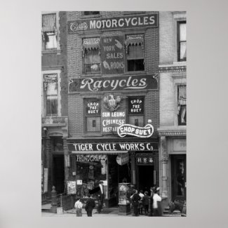 Bicycles, Motorcycles, and Chop Suey, early 1900s Poster