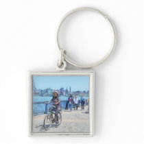 Bicycling Along Pier A Hoboken NJ keychains
