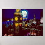Big Ben, London with moon Poster
