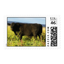 Big Black Bull in Wildflowers - Toro - Taurus Stamps