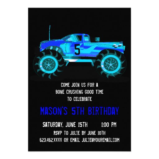 Big Blue Monster Truck Birthday Party Invitations