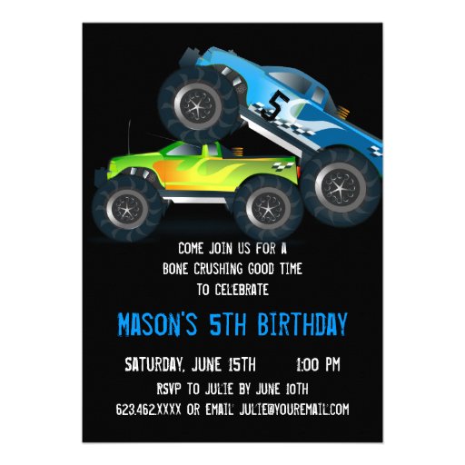 Big Blue Monster Truck Birthday Party Invitations (front side)