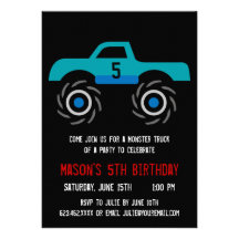 Big Blue Monster Truck Birthday Party Invitations