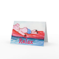 Big Daddy Pig Floating on Raft at Beach Cards