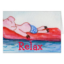 Big Daddy Pig Floating on Raft at Beach Cards