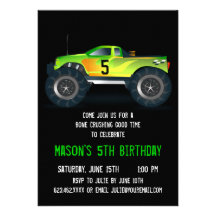 Big Green Monster Truck Birthday Party Invitations