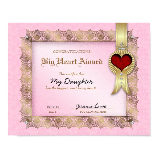Big Heart Award Love Certificate Diploma Hero Print | Zazzle