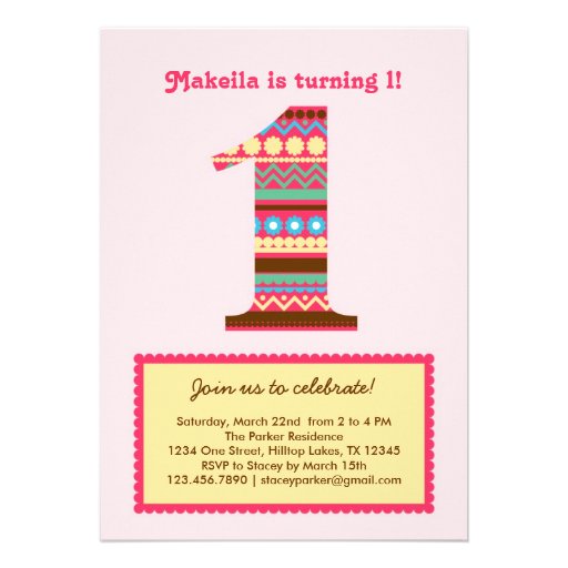 Big Number One Birthday Invitation 5" X 7" Invitation Card ...