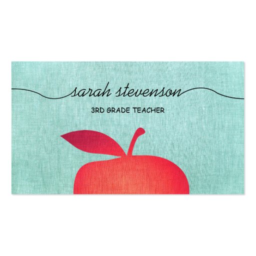 Big Red Apple Chalkboard School Teacher Linen Look Business Card Template (front side)
