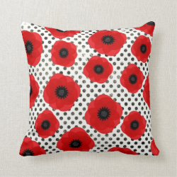 Big Red Poppy Flowers on Black and White Polka Dot Pillows