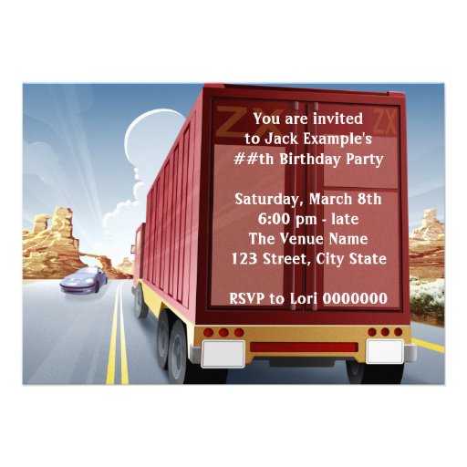 Big Rig Semi Truck Birthday Party Invitations