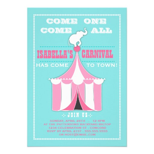 Big Top Carnival Birthday Party Turquoise | Pink Announcement