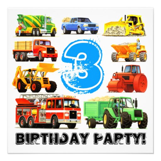 Big Trucks 3rd Birthday Party Personalized Invitations