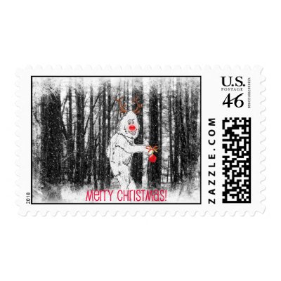 Bigfoot in the forest Christmas stamp by islandimages