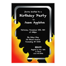 Biker Flames Silver Frame Birthday Invitations