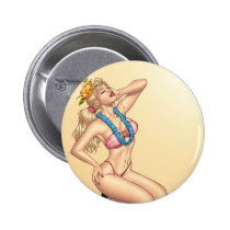 pinup, pin-up, blond, girl, woman, bikini, pink, lei, flowers, yellow, blue, red, bricks, high, heels, summer, tanning, al rio, characters, Button with custom graphic design