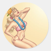 pinup, pin-up, blond, girl, woman, bikini, pink, lei, flowers, yellow, blue, red, bricks, high, heels, summer, tanning, al rio, characters, Sticker with custom graphic design