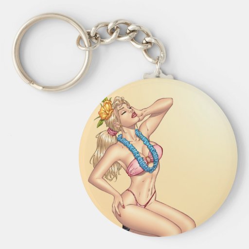 Bikini Blond Pin-up Girl with Flowers by Al Rio Key Chains