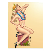 pinup, pin-up, blond, girl, woman, bikini, pink, lei, flowers, yellow, blue, red, bricks, high, heels, summer, tanning, al rio, characters, Postcard with custom graphic design