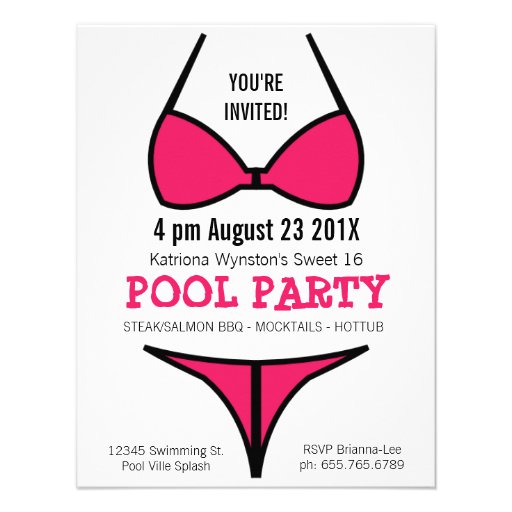 Bikini Girl Sweet 16 Pool Party Custom Invitations (front side)
