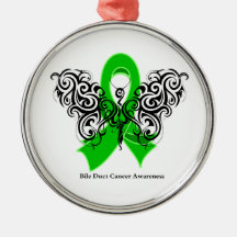 Bile Duct Cancer Tribal Butterfly Ribbon Ornaments