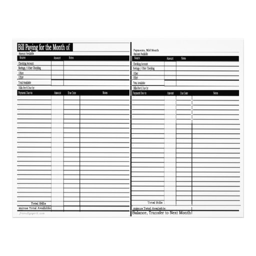 Bill Paying Schedule Sheets - Horizontal Letterhead Template