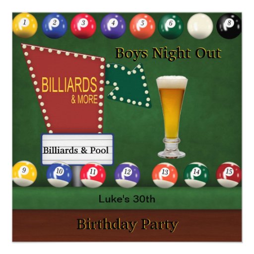 Billiards Pool Mans Birthday Party Night Beer Custom Invitations (front side)