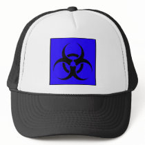 Bio Hazard or Biohazard Sign Symbol Warning Blue Trucker Hat