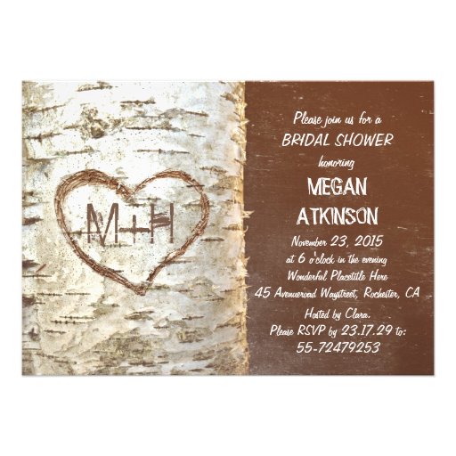 Birch tree bark heart rustic bridal shower custom invitations