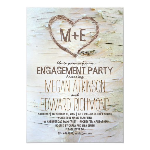 Birch tree heart rustic engagement party invites (front side)