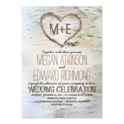 Birch tree heart rustic wedding invitations