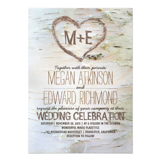 Birch tree heart rustic wedding invitations (front side)