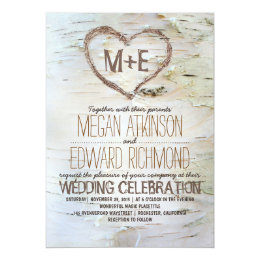 Birch tree heart rustic wedding invitations personalized invite